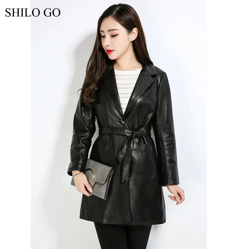 SHILO GO кожаный Тренч Женская Осенняя мода Овчина натуральная кожа пальто лаконичный лацкан и пояс офисное OL Черное длинное пальто