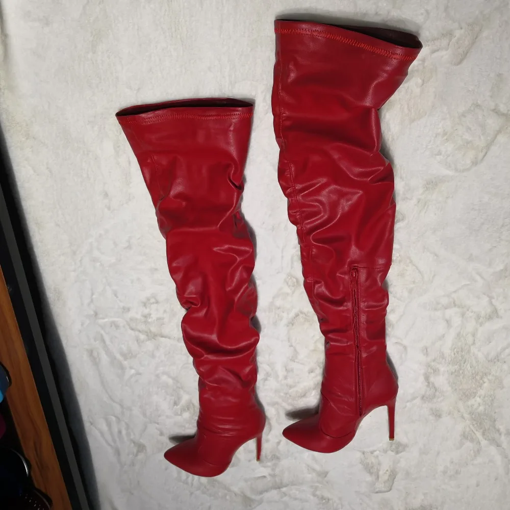 Botines Mujer/ пикантные красные сапоги выше колена на высоком каблуке, с острым носком, на молнии, кожаные мотоциклетные сапоги до колена, Botines