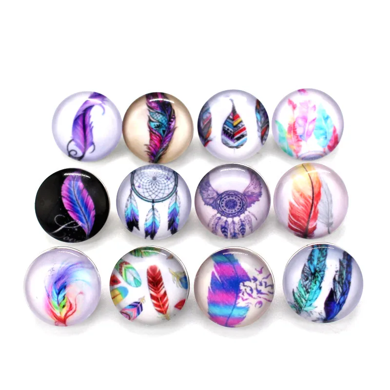 

20pcs/lot Mixs Animal Feather Snap Buttons Charms 18mm Glass Buttons Fit DIY Snap Handmade Bracelet Necklace Jewelry Making