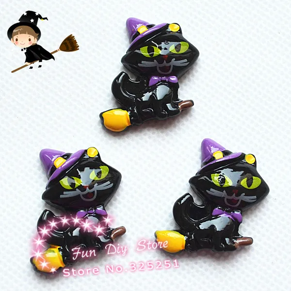 Cute Black Cat Riding the Broom for Halloween Resin Cabochons Flatback Flat Back Hair Bow Center Craft Making 50pcs/lot 27*28mm | Дом и сад