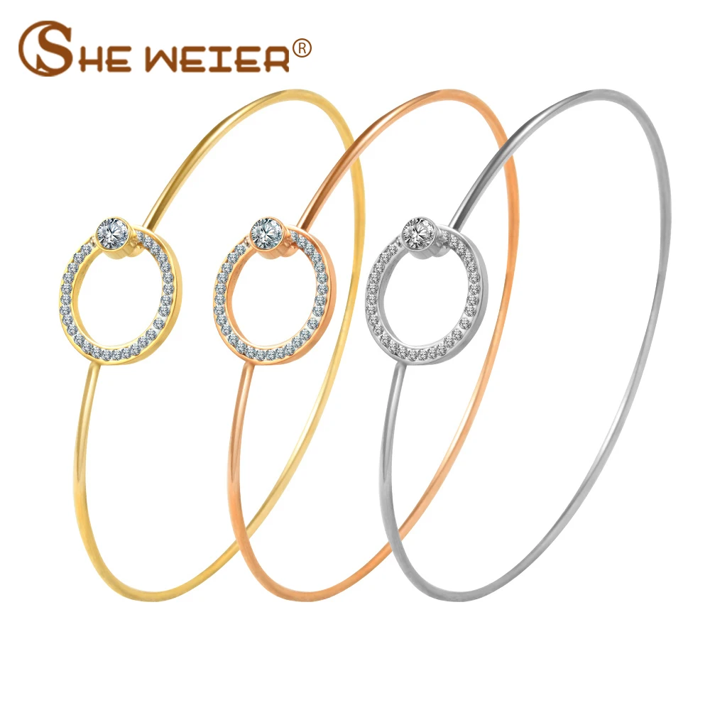 SHE WEIER chain bracelets &amp bangles stainless steel bracelet women femme charms gifts for girls braslet bizuteria zircon round |