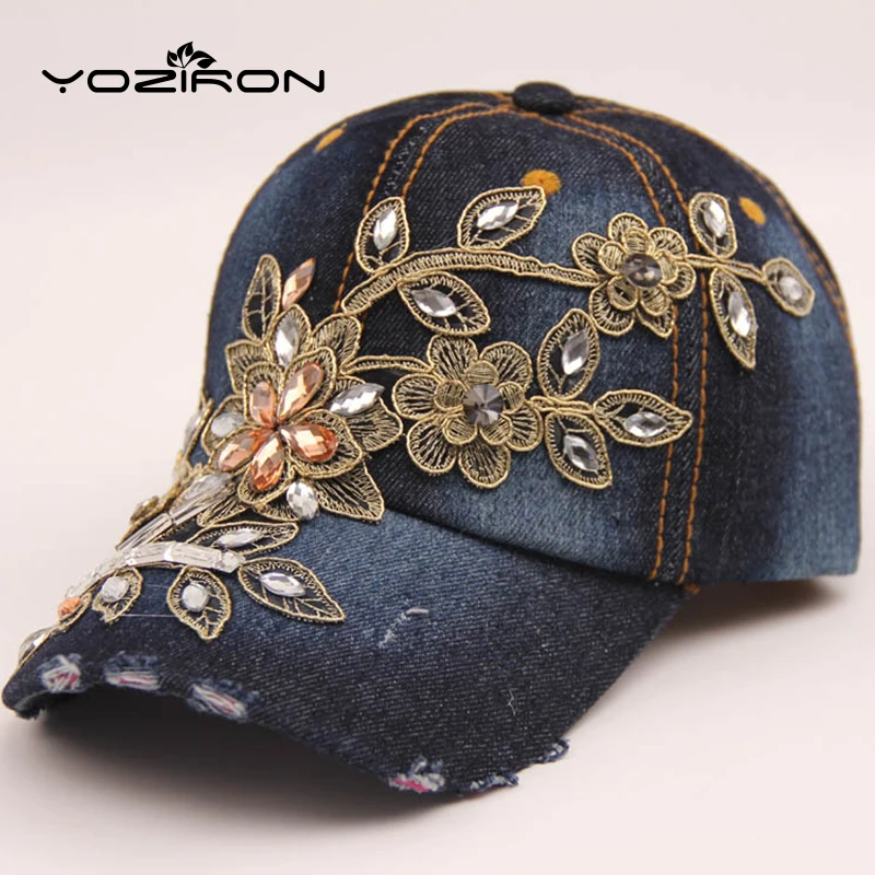 Rhinestones Felower Women Snapback Hats Caps Baseball Caps For Women Adjustable Denim Diamond Adult Hats Casquette Gorros