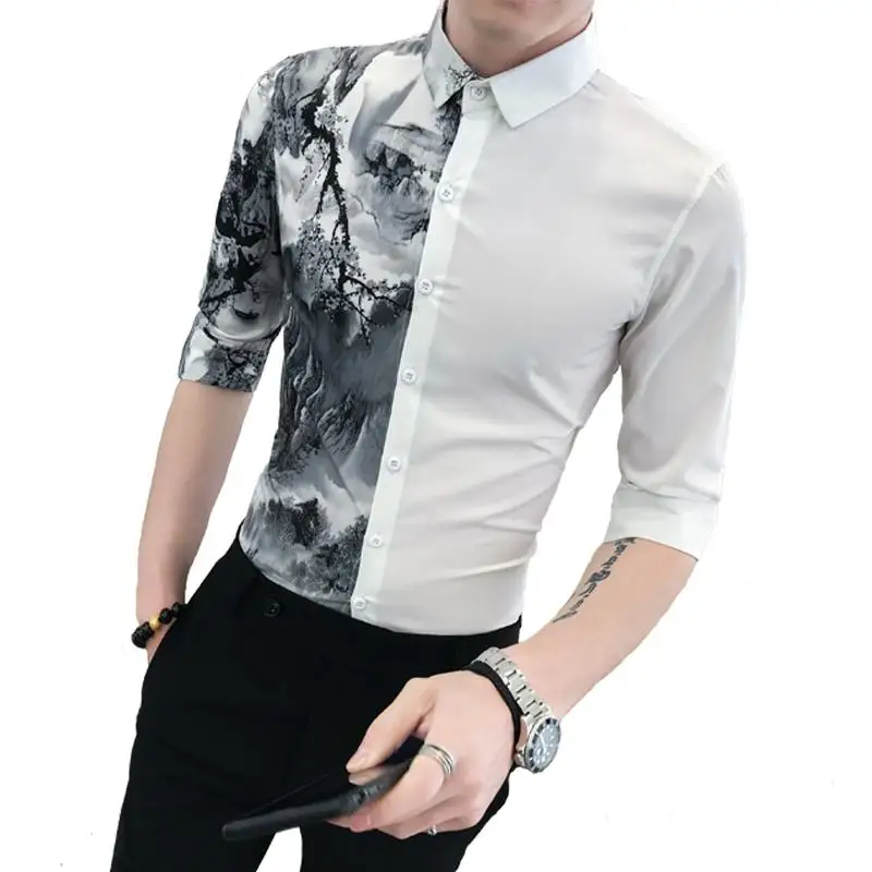 

LOLDEAL Summer Stitching Flower Shirt Social Guy Cropped Sleeve Shirt, Cotton Printed Fashion Casual Slim Sleeves Men's Shirt