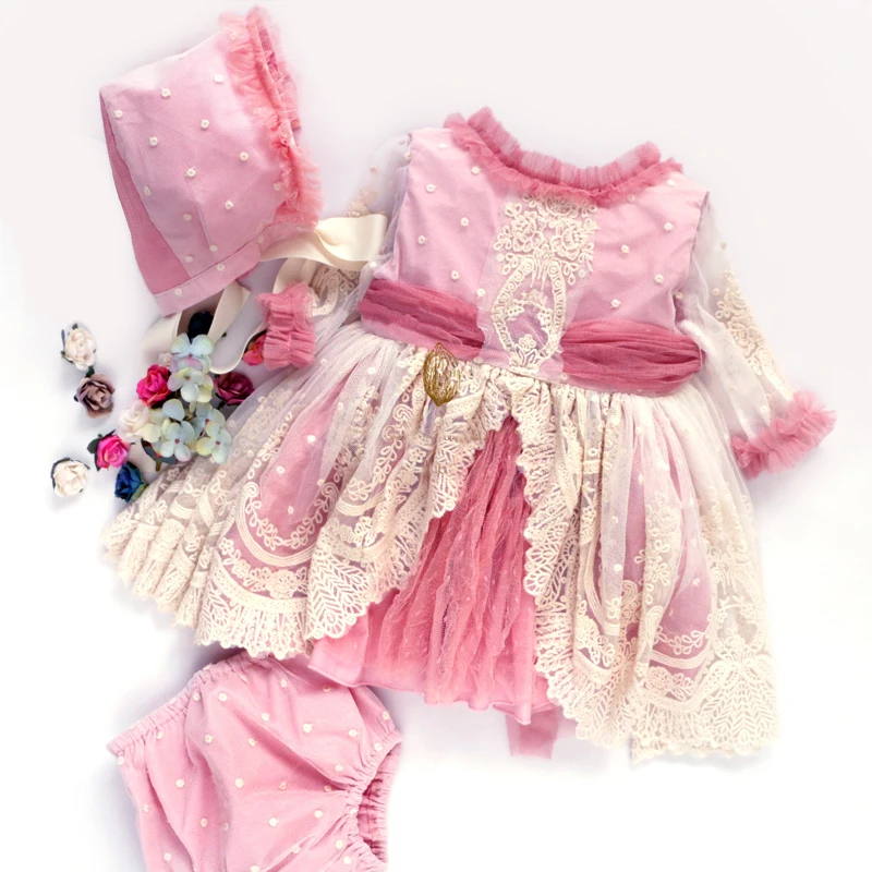2019 Spring Spanish Children's Clothing Court Girl Lace Embroidery Princess Dress Baby Birthday Communion Girls 3pcs | Детская