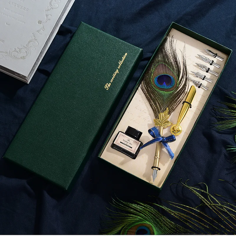 

Retro Quill Peacock Feather Dip Fountain Caligraphy Pens Set with Ink Bottle 5 Nib Gift Box Russian European Stationery Wedding
