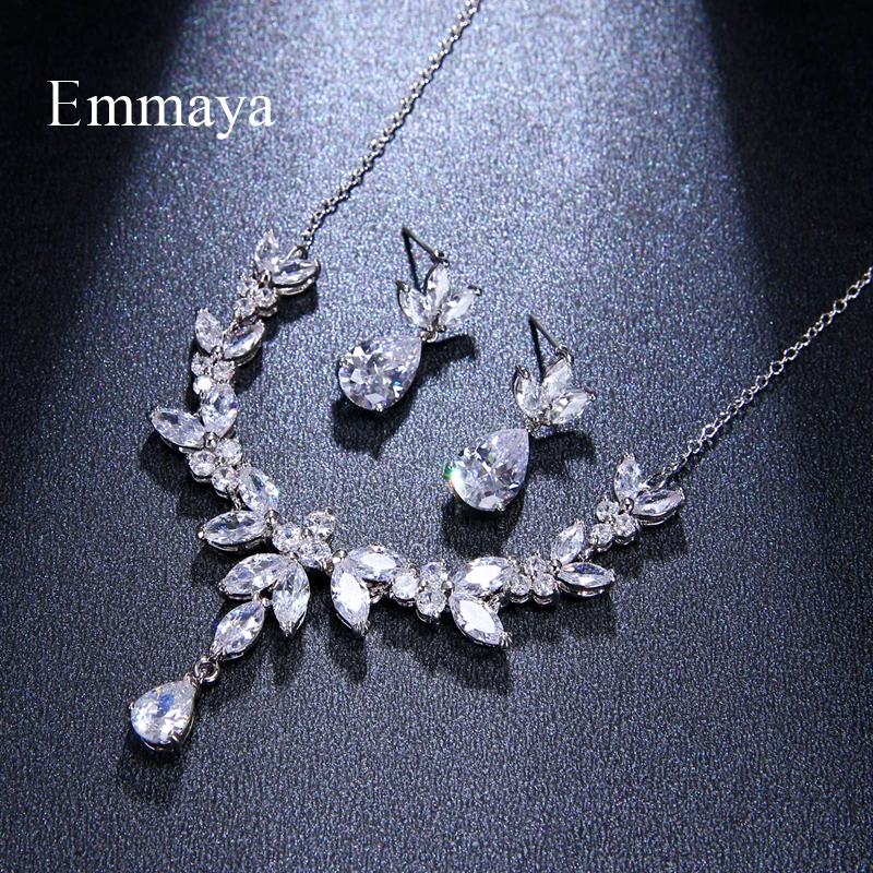 Emmaya Vivid Leaves-shape Dazzling Wedding Costume Accessories CZ Crystal Colorful Gift Earrings And Necklace Jewelry Sets | Украшения и