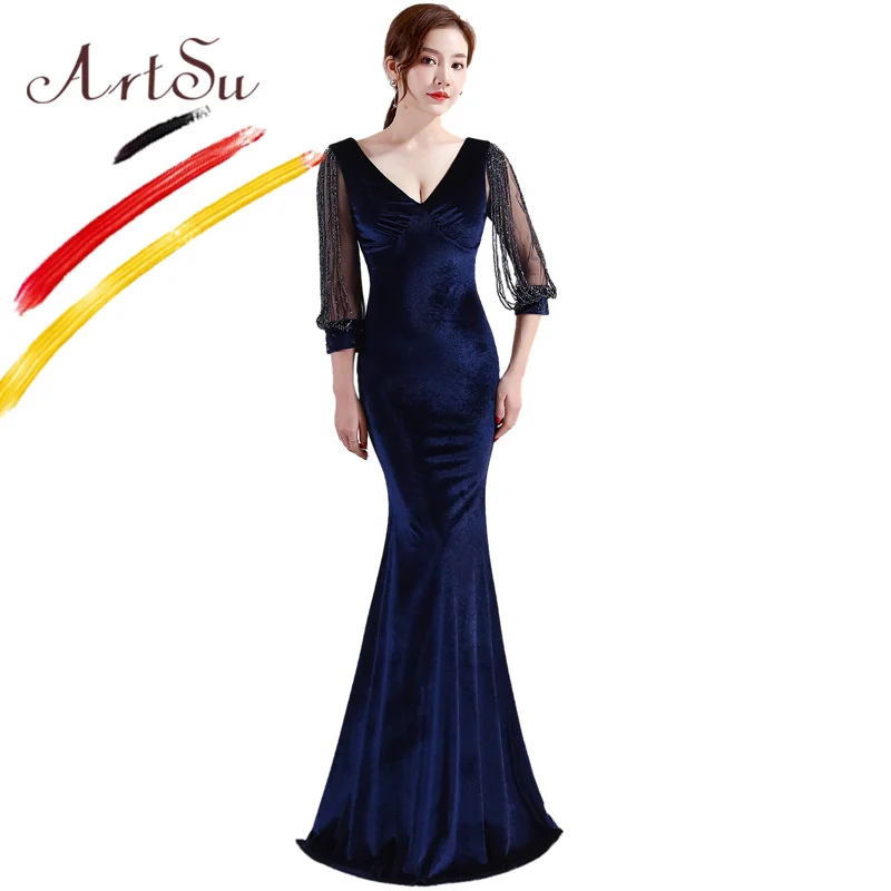 

ArtSu Red Green Black Vintage Women Floor-Length Maxi Party Velvet Dress Crystal Beading Winter Robe De Soiree Mermaid Prom Gown