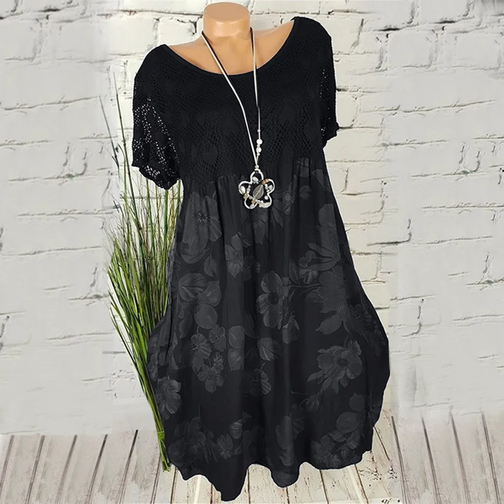 Размера плюс Летняя мода Boho печати кружева свободная женская блузка Футболки женские футболка с коротким рукавом Blusas Femininas пуловер
