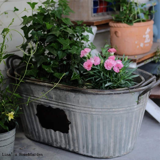 

"rose garden" vintage retro gray large garden metal trough planter