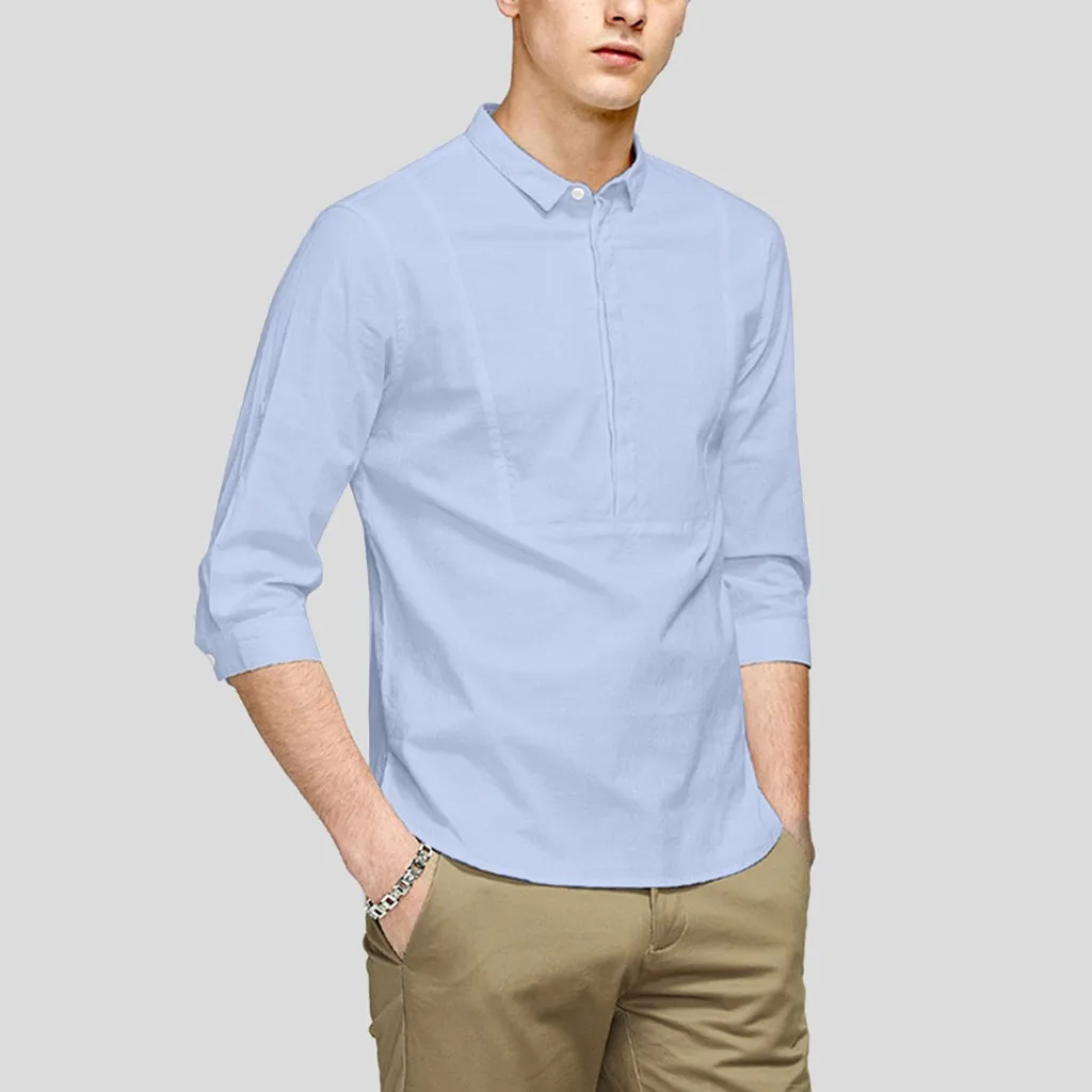 2019 New Fashion Summer Smart Casual Botton Shirt 3/4 Sleeve Lapel Loose Solid Cotton | Мужская одежда