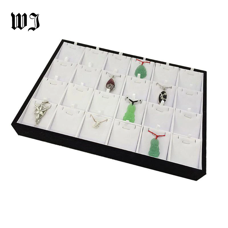 24 Compartments Necklace Pendant Jewelry Tray Showcase Display Storage Organizer Stackable White PU Leather Earring Stand Holder