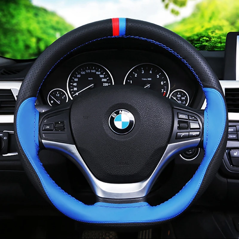 Противоскользящий волокнистый кожаный DIY 38 см чехол рулевого колеса автомобиля чехол с иглами и резьбой автомобильный аксессуар для интерьера Универсальный