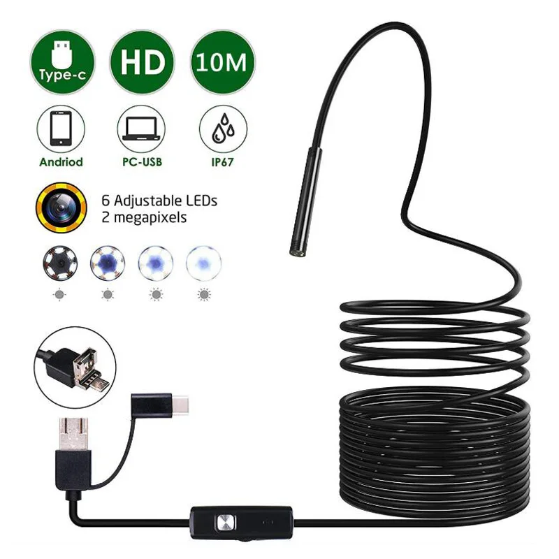 Black 3 в 1 USB эндоскопическая Камера 7 мм USB эндоскоп Камера 10 м жесткий кабель гибкой пружины обнаружения эндоскоп для мобильного телефона, ПК, эндоскопа - Цвет: Black