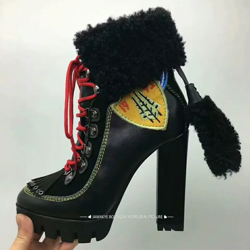 Зимние женские мотоциклетные сапоги на платформе и высоком каблуке 12 см; Botas Mujer; лоскутные шерстяные зимние сапоги с бахромой; ботильоны для женщин