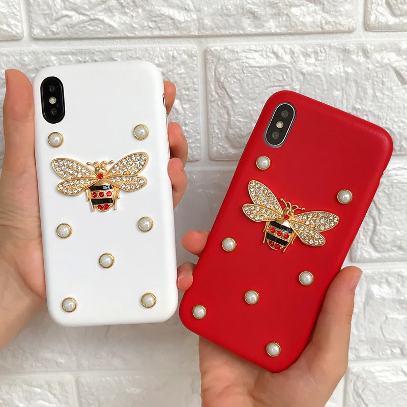 Роскошный кожаный 3D чехол LUDI с металлическим бриллиантом и Пчелой для iPhone X/6/7/8 из