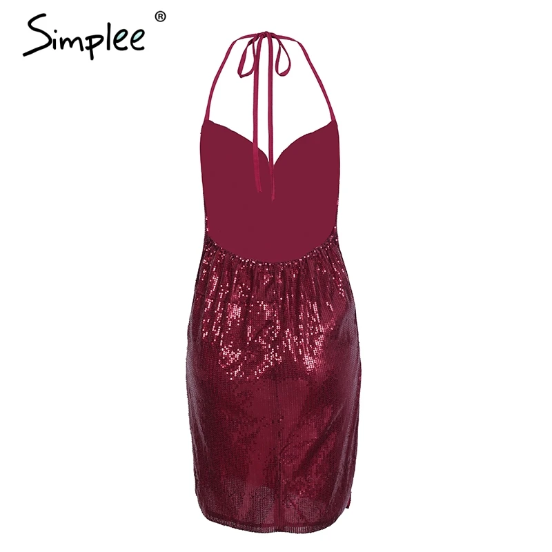 Simplee Холтер спинки блесток сексуальное платье для женщин Глубокий v образным