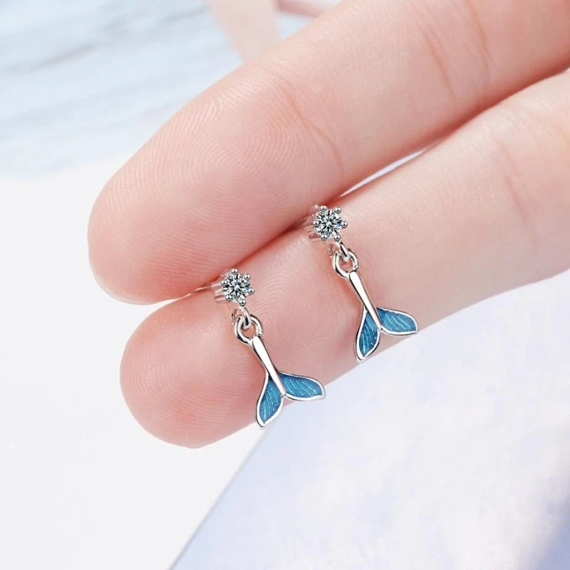 Sole Memory Blue Fishtail Zircon Cute Fresh Sweet 925 Sterling Silver Fashion Female Dangle Earrings SEA465 | Украшения и
