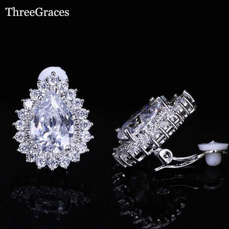 ThreeGraces трендовые серьги клипсы серебряного цвета с большими каплями воды фианиты