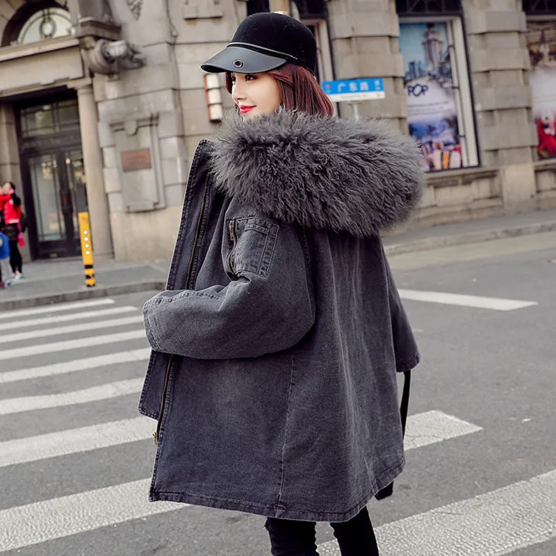 Women Denim Cotton Parkas Medium Long Hooded Fur Collar Lambswool Jacket 2021 Winter New Large Size Fashion Outwear JIA389 | Женская