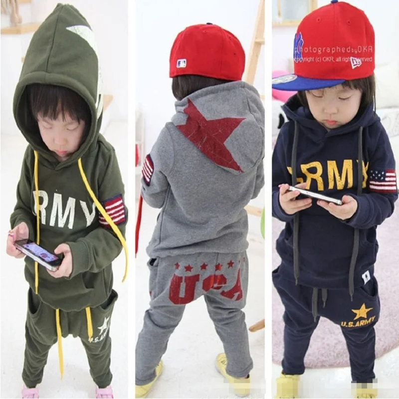 

Army USA Boys Sport Suits Autumn Spring Cotton Navy Green Children Clothes Sets Hooded Sweatshirt Pant Suit Girl Tracksuit Star