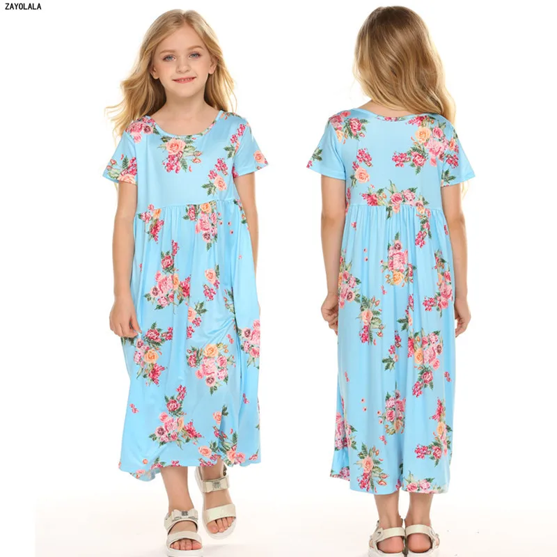 Летний сарафан для девочек повседневные Длинные Платья с цветочным принтом и