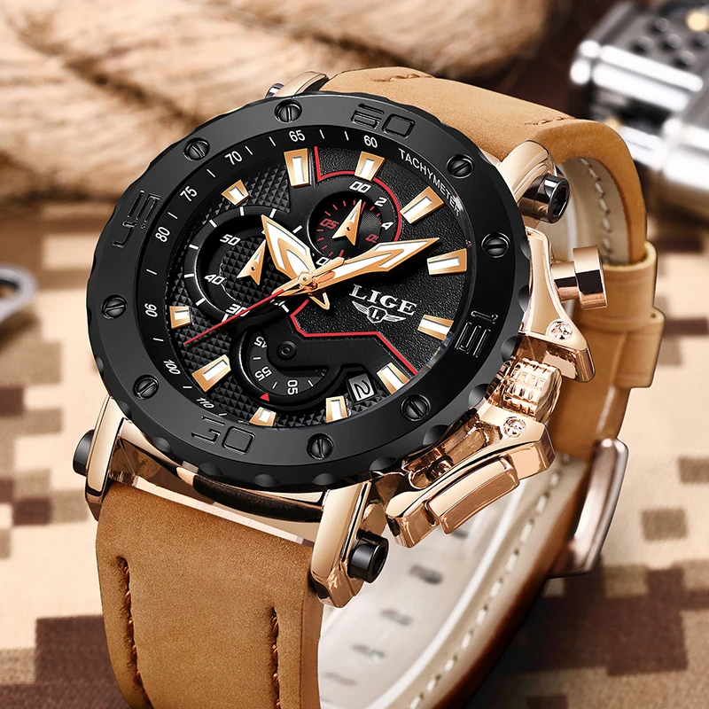 LIGE мужские часы Топ бренд класса люкс кварцевые золотые повседневные кожаные