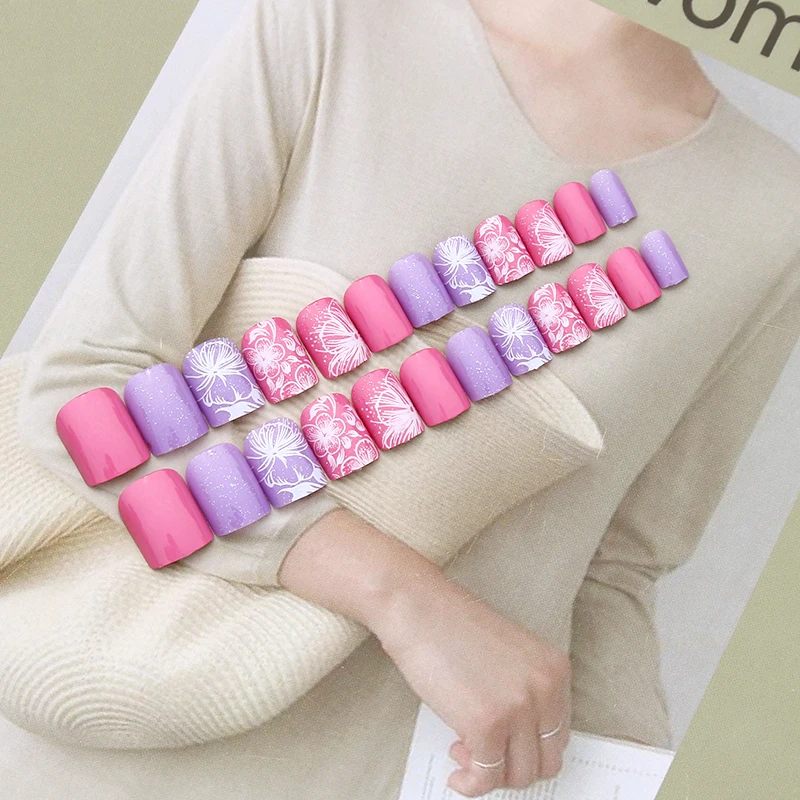 Elegant 24pcs/set Romantic purple Painted flowers design false nails Middle-long lady full nail tips Patch art tool bride | Красота и