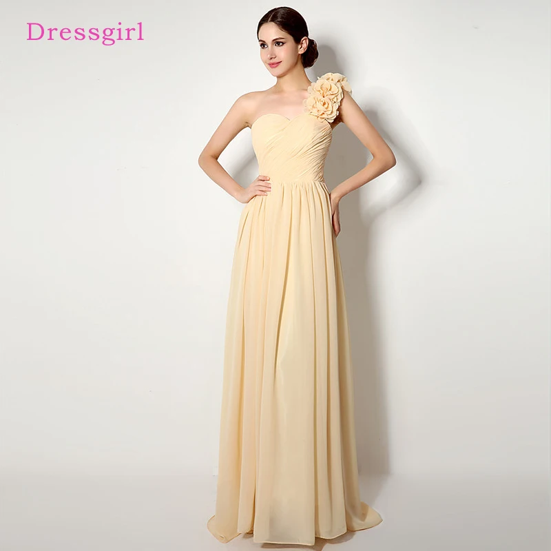 

Yellow Cheap Bridesmaid Dresses Under 50 A-line One-shoulder Chiffon Flowers Long Wedding Party Dresses