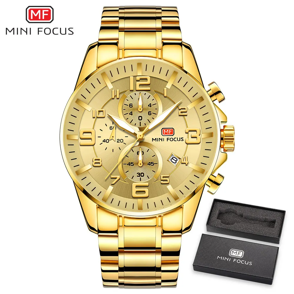 Full gold Мини фокус люксовый бренд мужские спортивные часы золотые полностью Стальные кварцевые часы для мужчин Дата водонепроницаемые военные часы мужские relogio masculino - Цвет: Full gold