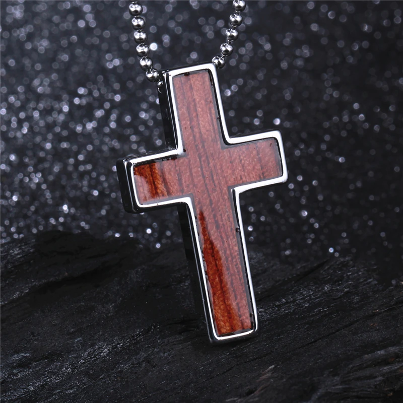 New Natural Wood Design Tungsten Cross Necklace & Pendant Christmas Gift for Men Stainless Steel Choker Chain