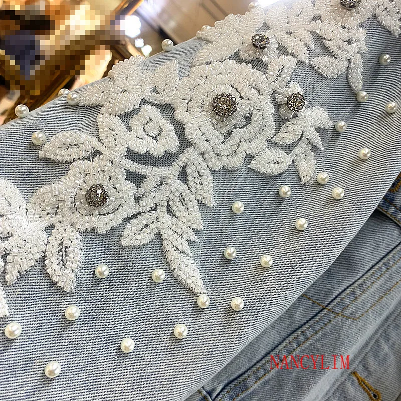 

New Girls Denim Coat Heavy Industry Beaded Gauze Lace Lotus Leaf Embroidered Diamond Short Jean Jacket Womens Loose Jeans Coats