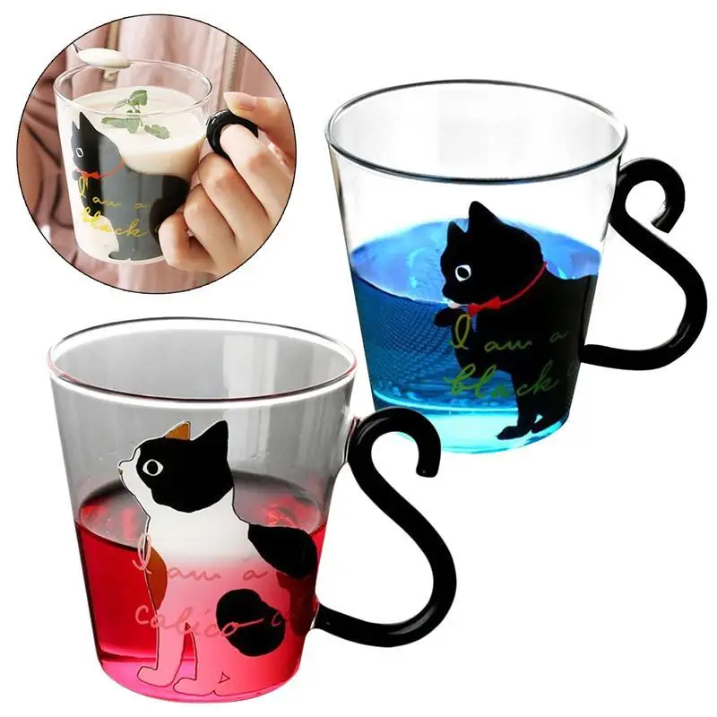 Кошачья форма, печать, стеклянная чашка для воды, печатная кошка, термостойкая молочная стеклянная чашка, соковая стеклянная кружка, питьевая утварь - Цвет: Transparent