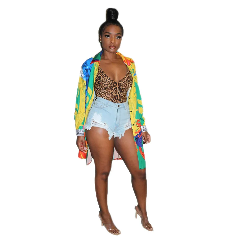 Блузка женская с принтом пейсли и длинным рукавом до колена на пуговицах |