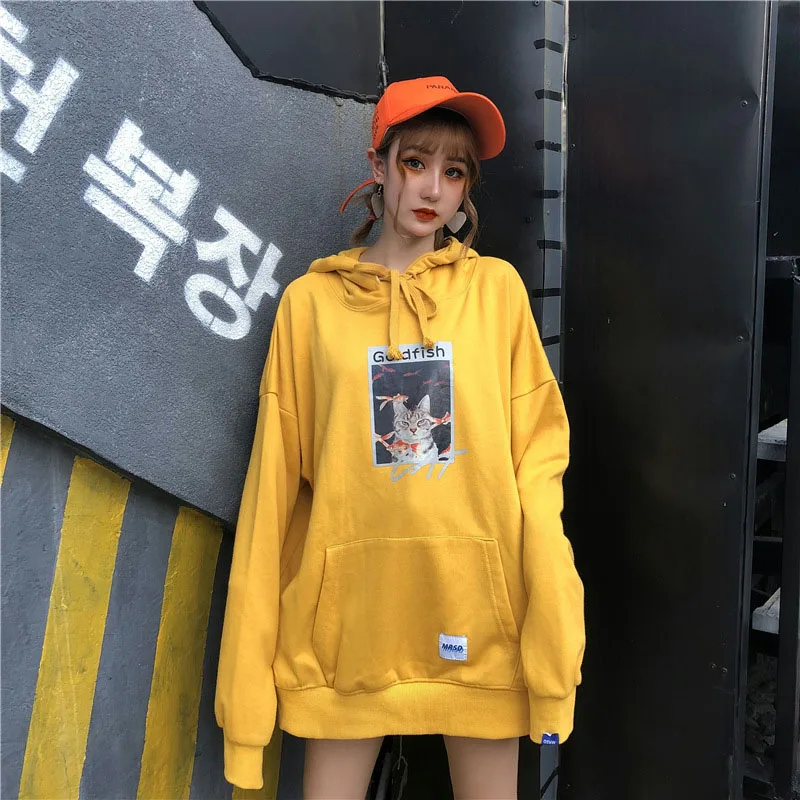 Пары толстовки 2018 осень/зима мультфильм с капюшоном Кот Золотая рыбка печатных
