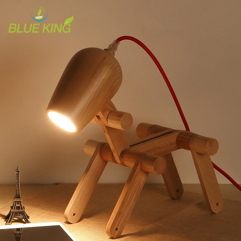 

Modern Creative Fashion Wooden Little Dog Table Light Creative Personality Bedroom Bedside Study Wood Table Lamp adjustable E27