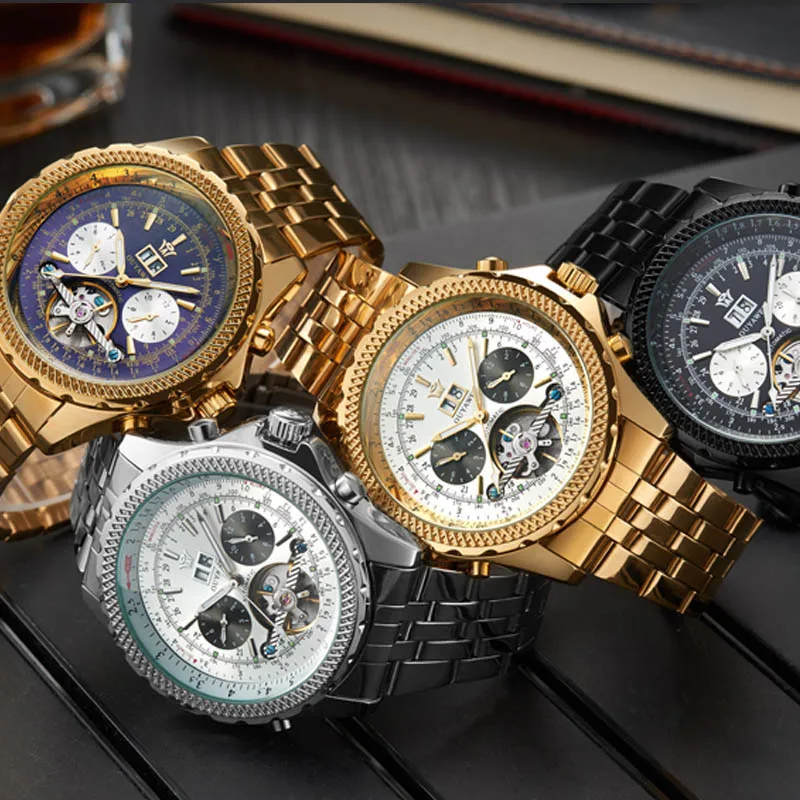 OUYAWEI Авто Дата для мужчин s Tourbillon часы золото Сталь механические Автоматические