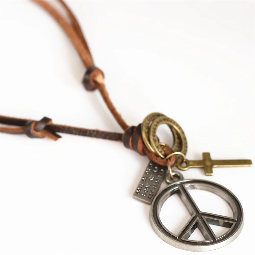 

Длинная коричневая цепочка из натуральной кожи ручной работы в стиле панк, ковбойские Обручи из сплава, крест, мир, мужчины, подвеска, ожерел...