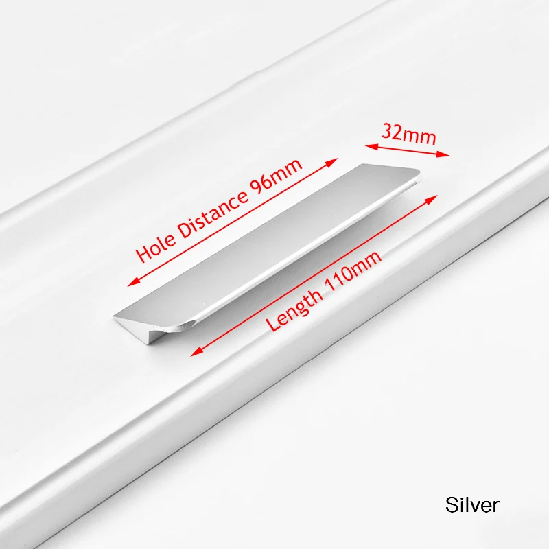 Silver 96mm KAK Черный Серебряный Золотой скрытые ручки шкафа алюминиевый сплав кухонный шкаф ручки для выдвижных ящиков дверное оборудование для обработки мебели - Цвет: Silver 96mm