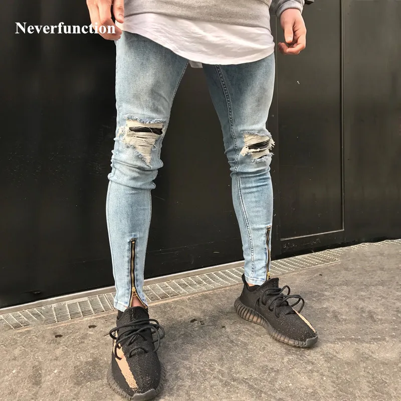 

2018 New Hip hop fashion design pleated patchwork ripped slim blue denim skinny biker jeans pants with zippers up for men