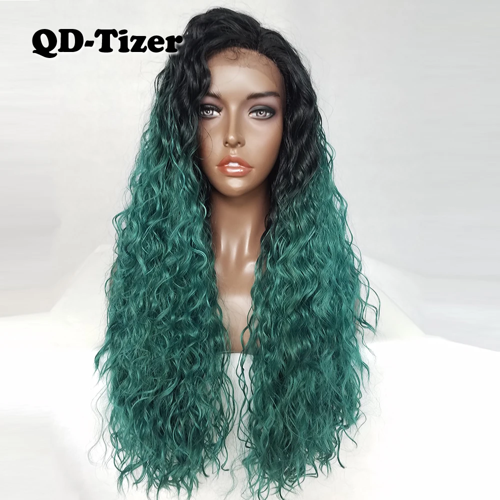 QD-Tizer Long Loose Curly Hair Two Tone Ombre Lace Front Wigs Glueless Green Color Synthetic Wig for Women | Шиньоны и парики