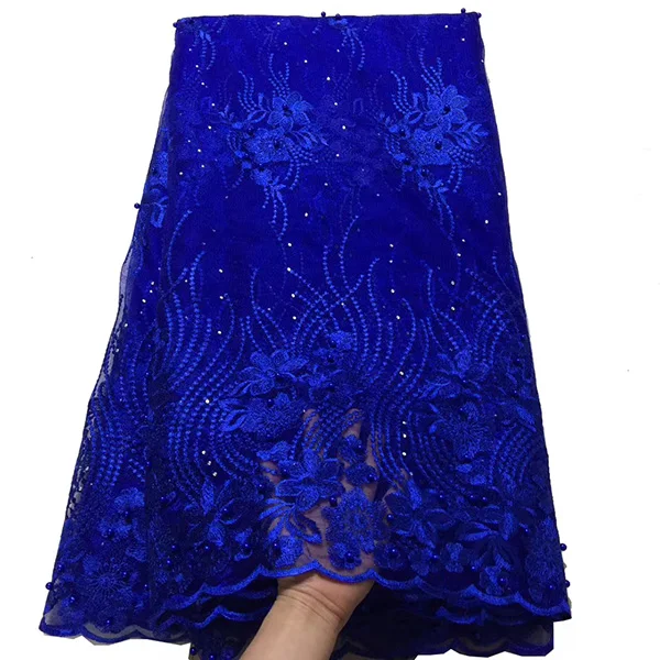 Royal blue Африканская ткань Глод кружева с бисером и камнями для вечеринок нигерийская кружевная ткань высокого качества Кружева вышитая сетчатая ткань - Цвет: Royal blue