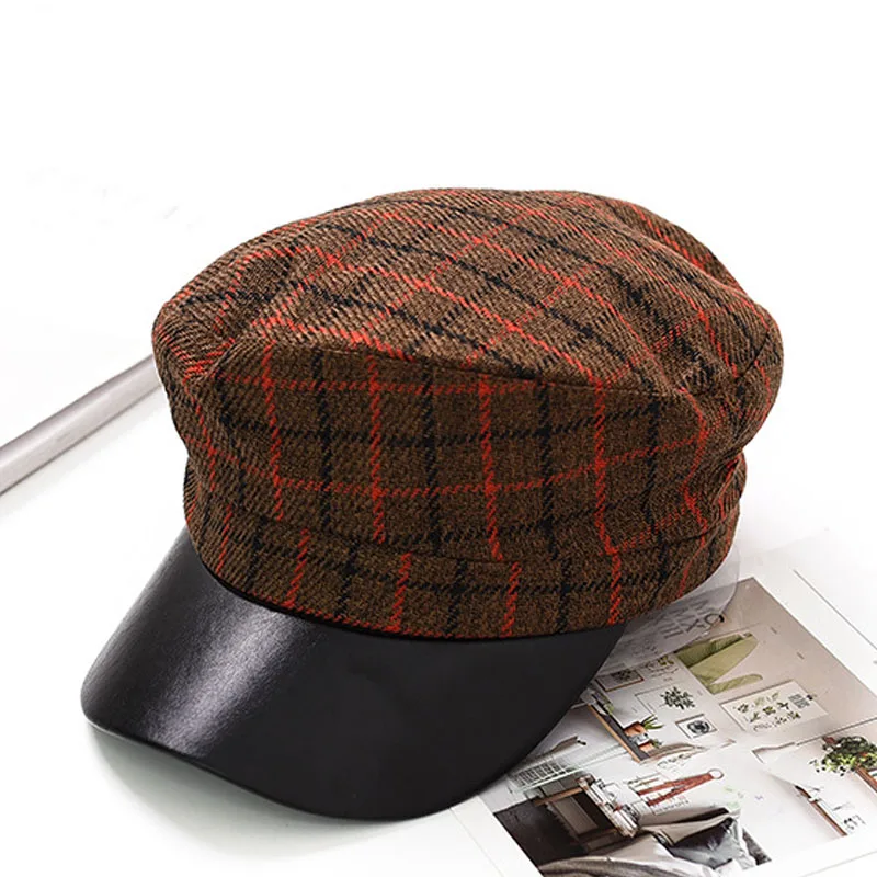 2018 осень зима Новый Для женщин кепка газетчика плед художник шляпа женский берет
