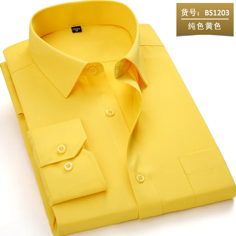 BS1203 Pure yellow Классическая полосатая однотонная мужская рубашка большого размера 5XL 6XL 7XL 8XL белая мужская рубашка с длинным рукавом мужская одежда camisa masculina - Цвет: BS1203 Pure yellow