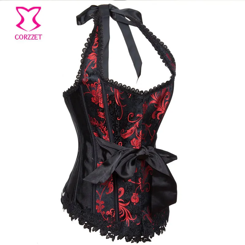 Черный и красный цветочный вышитый Холтер сексуальный корсетный Корсет Топ