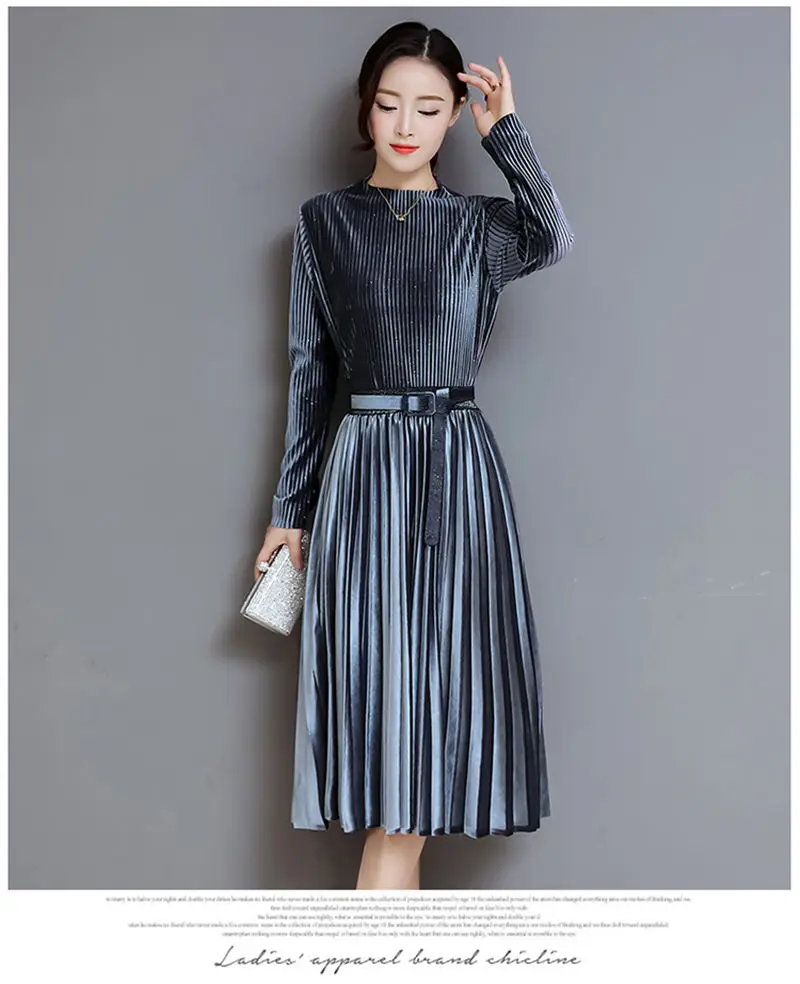 Fashion Autumn Winter Women Dress Elegant Sexy Pleate Female Dress Vintage Long Sleeve Velvet Two-piece suit Dresses vestidos