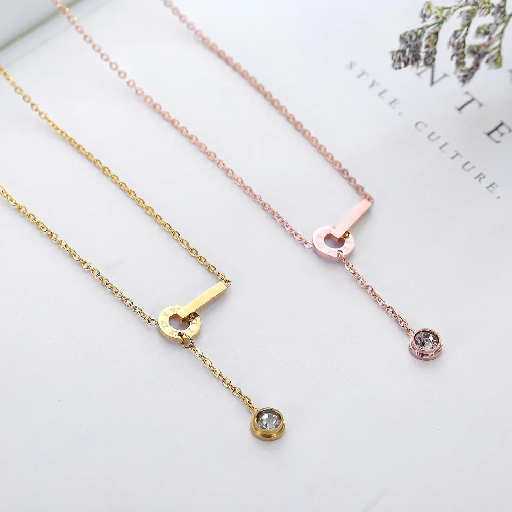 

Fashion Brand Women Jewelry Gold Color Roman Letter Clear Simply Small Round Cubic Zirconia Pendant Necklace