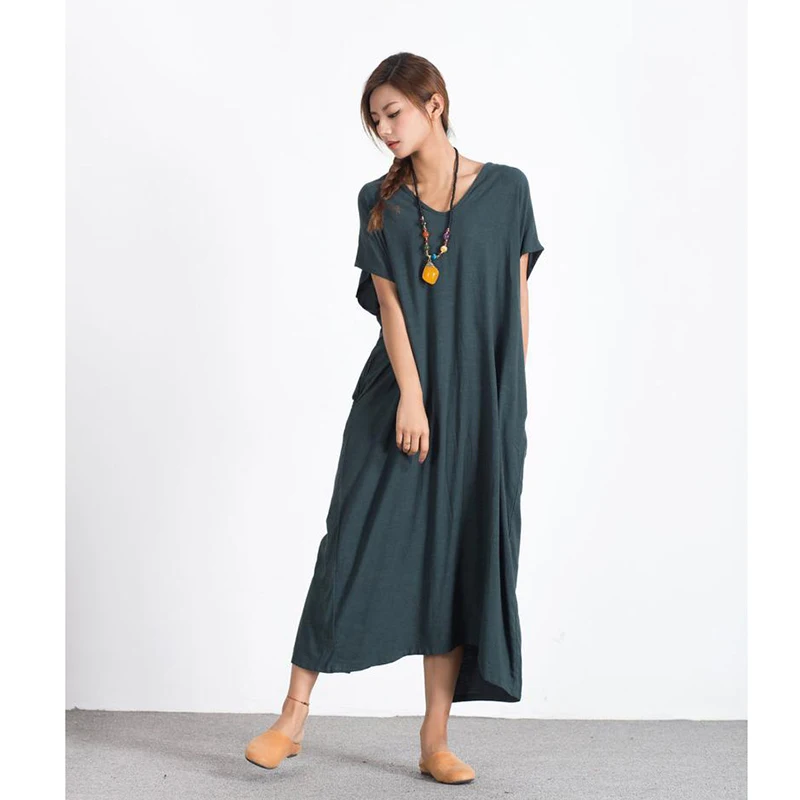 Женское льняное платье макси свободный льняной хлопковый кафтан больше размера