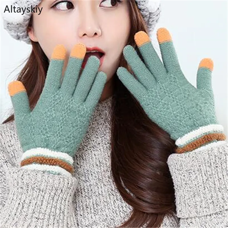 Gloves Women Winter Touch Screen Knitted Woolen Plus Velvet Thickening Full Finger Kawaii Lovely Sweet Cute All-match Womens