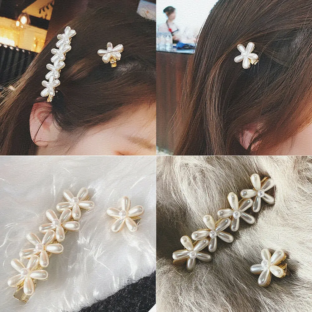 

2019 New Style New Women Pure Color Floral Pearl Hair Clip Snap Barrette Stick Hairpin Bobby Hair Accessories