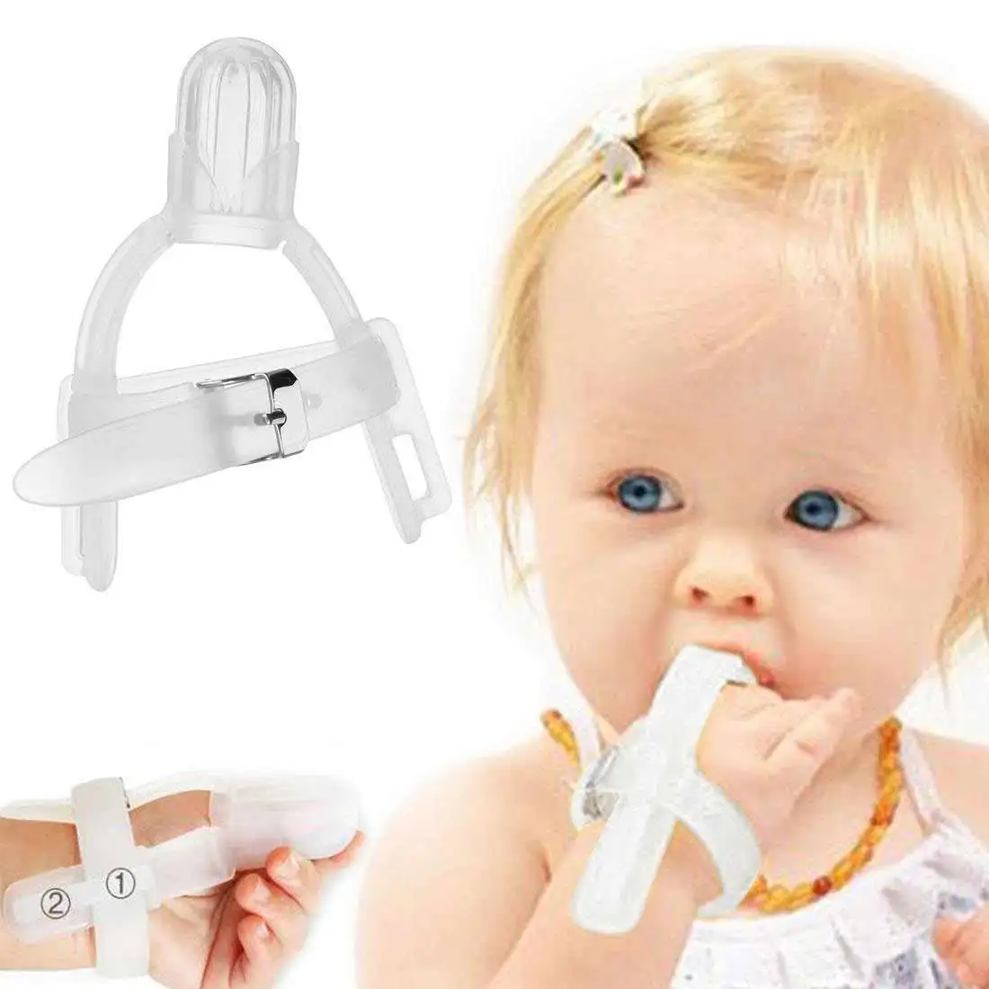 Nontoxic Silicone Baby Teethers Kids Child Thumb Guard Stop Sucking Fingers with Wrist Band Prevent Baby Finger Bite